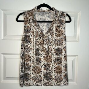 LOFT Floral Ruffle Tie Neck Mixed Media Shell